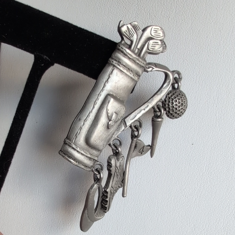JJ Golf Themed Pewter Brooch with Hanging Charms